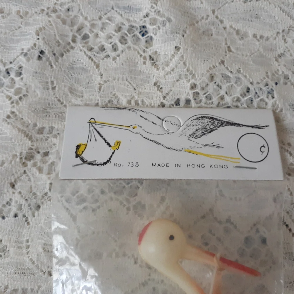 Vintage Hard Plastic Stork Cake Topper Craft Supply or Decoration Hong Kong Made
